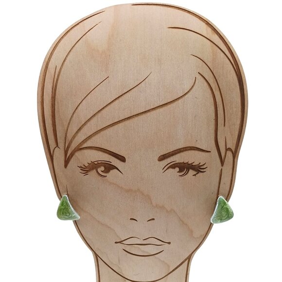 Vintage Triangle Green Enamel Stud Earrings With Silver-Tone Setting - Picture 3 of 4